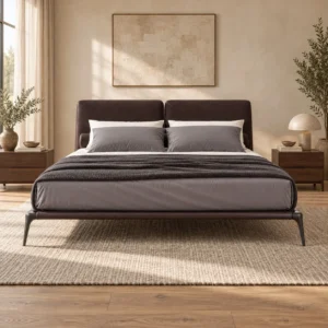 Dark Brown Bed with Split Headboard on Timber Legs in clay — front view