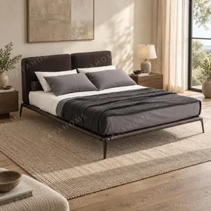Dark Brown Bed with Split Headboard on Timber Legs in clay — in a room setting