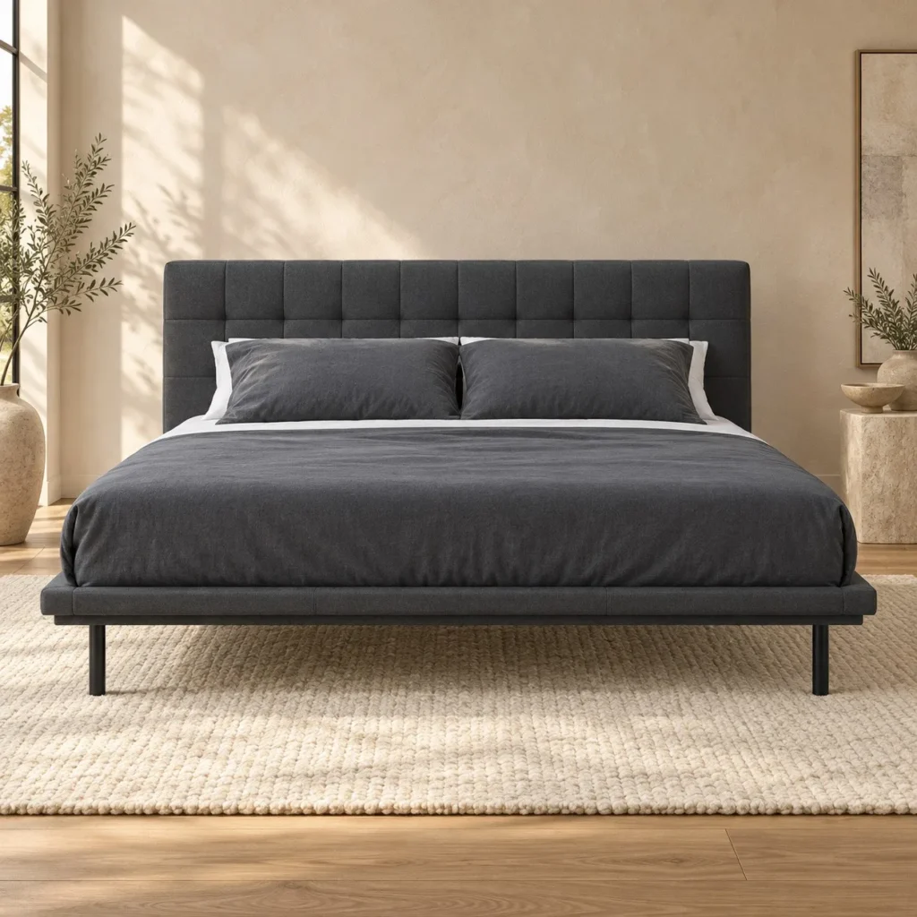 Charcoal Grid-Tufted Headboard Bed on Metal Legs in slate — front view