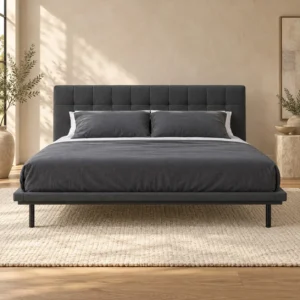 Charcoal Grid-Tufted Headboard Bed on Metal Legs in slate — front view