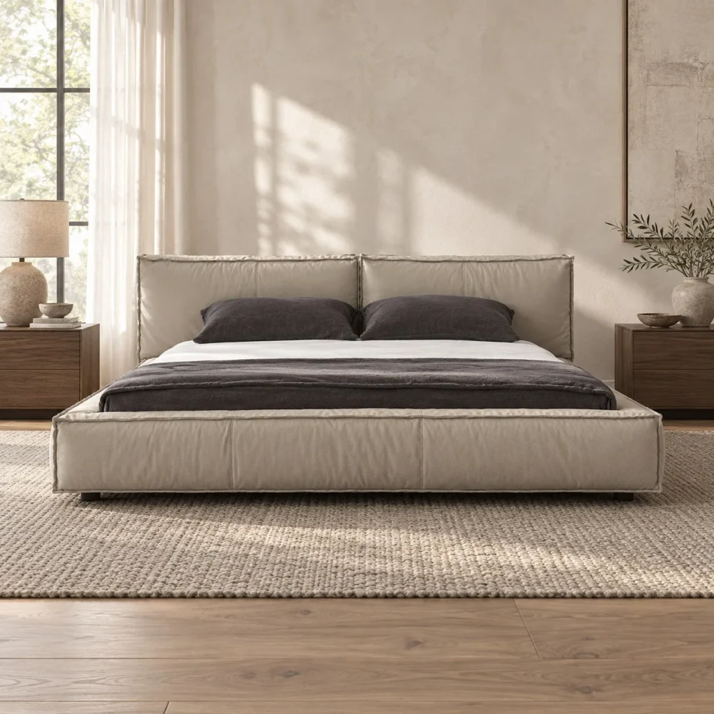 Greige Low Bed with Wide Cushion Headboard in sand — front view