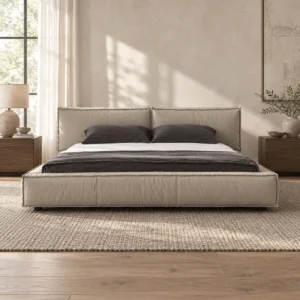 Greige Low Bed with Wide Cushion Headboard in sand — front view