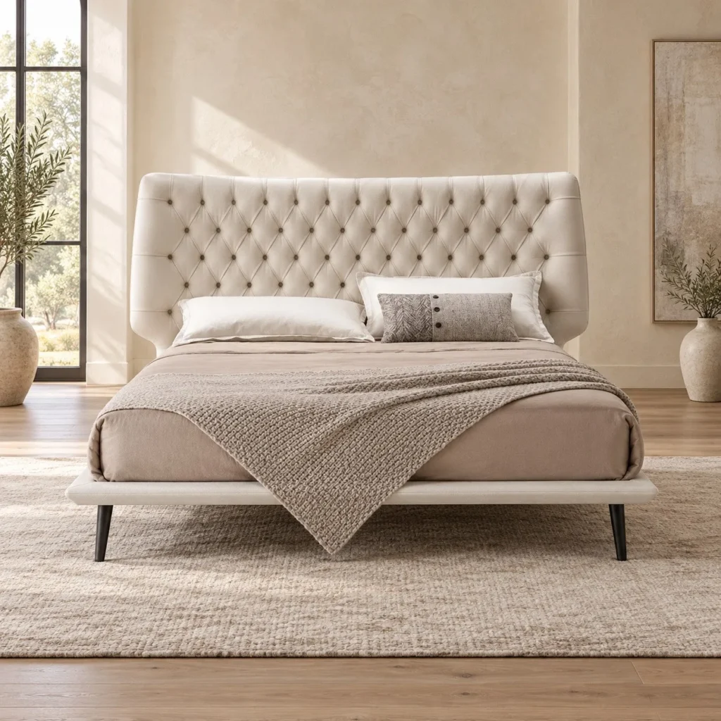 Cream Button-Tufted Curved Headboard Bed in oatmeal — front view