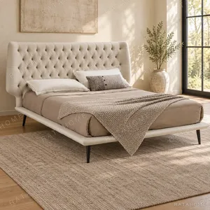 Cream Button-Tufted Curved Headboard Bed in oatmeal — in a room setting