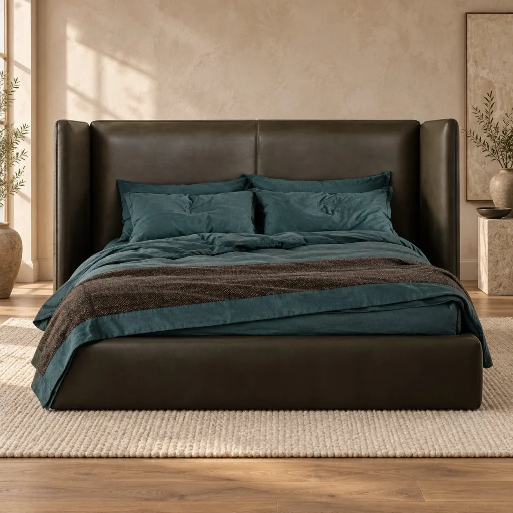 Black Leather Wingback Bed with Wide Headboard in black — front view