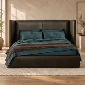 Black Leather Wingback Bed with Wide Headboard in black — front view