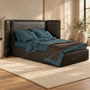 Black Leather Wingback Bed with Wide Headboard in black — in a room setting