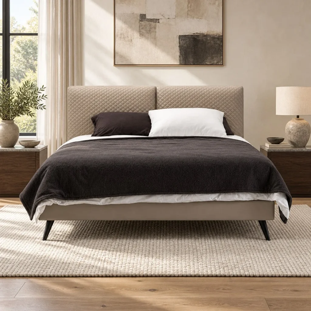 Beige Bed with Diamond-Stitched Headboard in sand — front view
