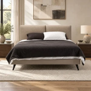 Beige Bed with Diamond-Stitched Headboard in sand — front view