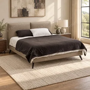 Beige Bed with Diamond-Stitched Headboard in sand — in a room setting
