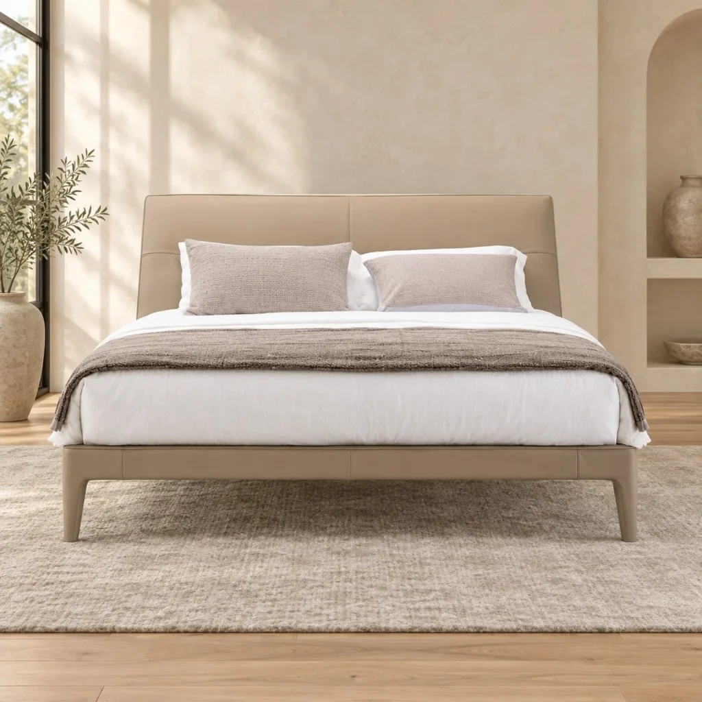 Sand Leather Bed with Curved Headboard in sand — front view
