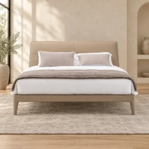 Sand Leather Bed with Curved Headboard in sand — front view