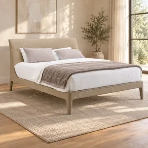 Sand Leather Bed with Curved Headboard in sand — in a room setting