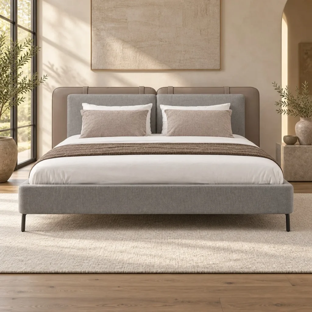 Grey Bed with Twin Pillow Headboard on Metal Legs in slate — front view