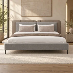 Grey Bed with Twin Pillow Headboard on Metal Legs in slate — front view