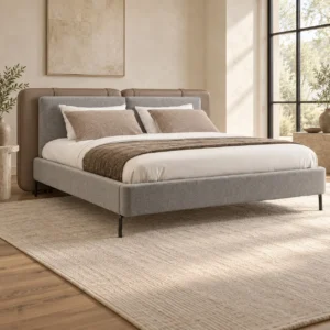 Grey Bed with Twin Pillow Headboard on Metal Legs in slate — in a room setting
