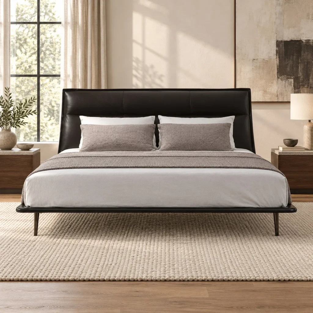 Black Leather Curved-Headboard Bed on Metal Legs in black — front view