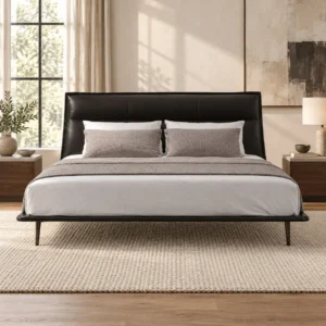 Black Leather Curved-Headboard Bed on Metal Legs in black — front view