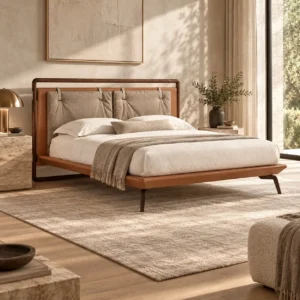 Walnut-Framed Bed with Tufted Cushion Headboard in walnut — front view