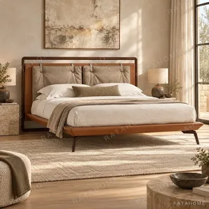 Walnut-Framed Bed with Tufted Cushion Headboard in walnut — in a room setting