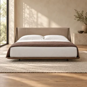 Greige Leather Bed with Rounded Panel Headboard on Walnut in sand — front view
