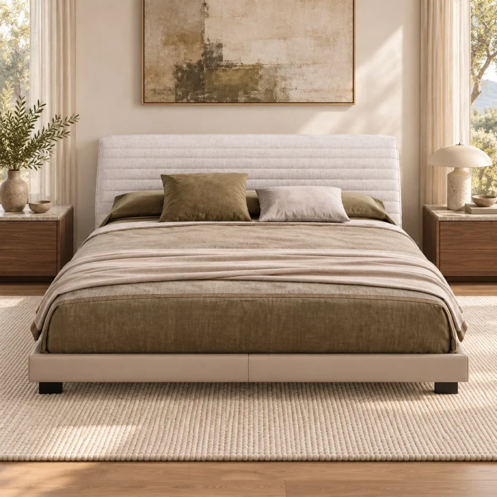 Cream Channel-Stitched Headboard Bed in oatmeal — front view
