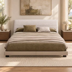 Cream Channel-Stitched Headboard Bed in oatmeal — front view