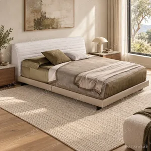 Cream Channel-Stitched Headboard Bed in oatmeal — in a room setting