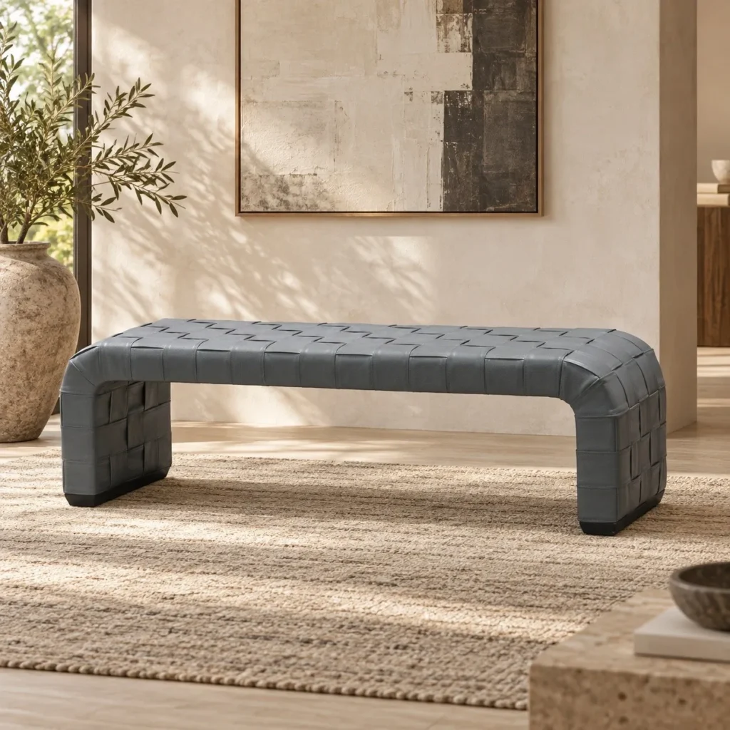 Grey Woven Leather Waterfall Bench in slate — front view