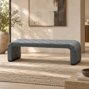 Grey Woven Leather Waterfall Bench in slate — front view