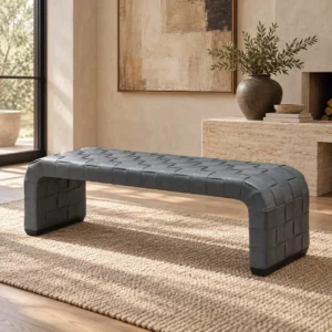 Grey Woven Leather Waterfall Bench in slate — in a room setting