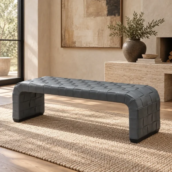 Grey Woven Leather Waterfall Bench in slate — in a room setting