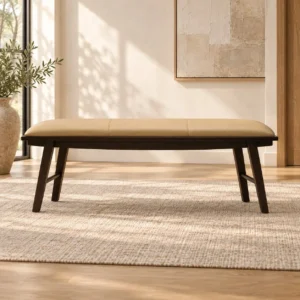 Tan Leather Bench on Dark Splayed Legs in clay — front view