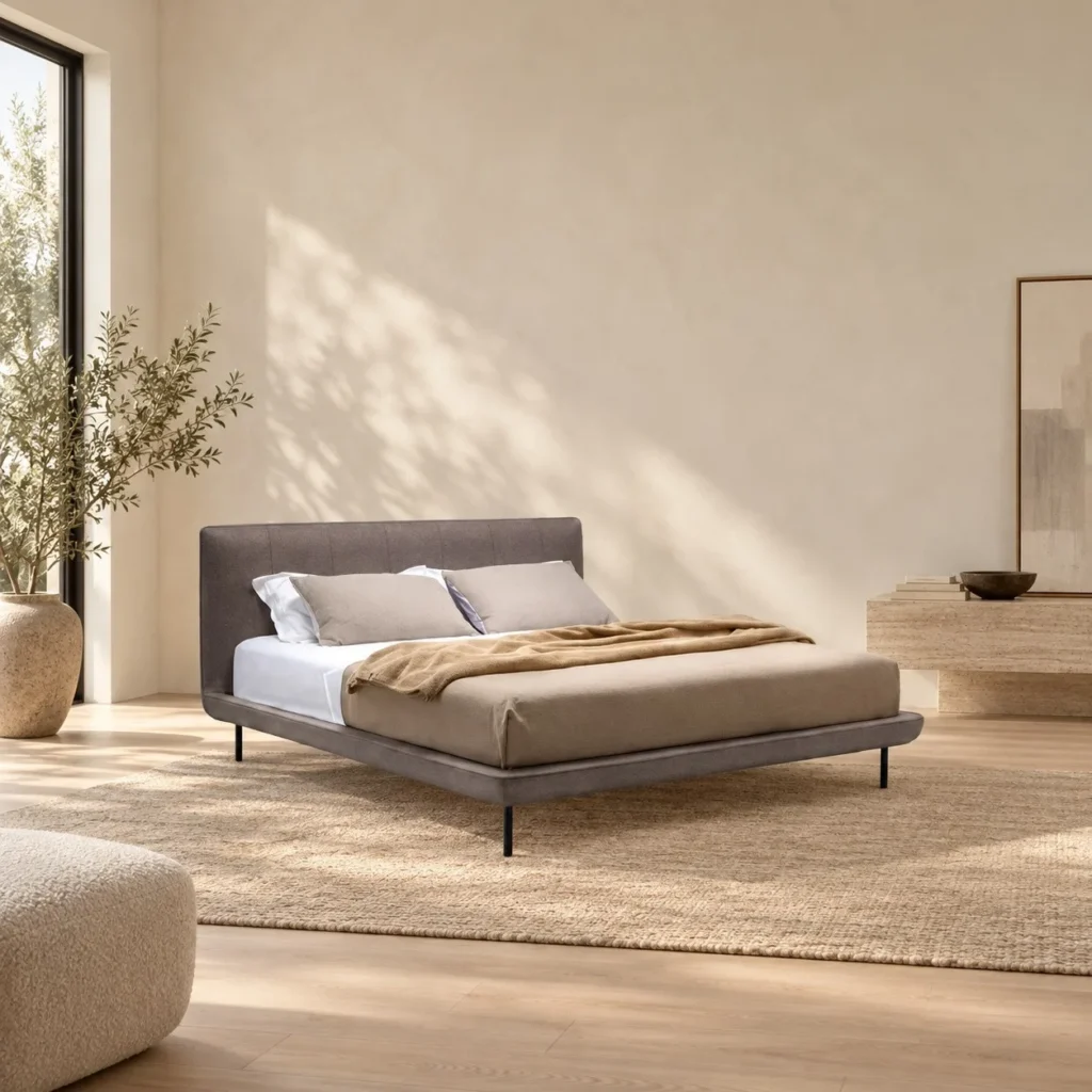 Sora Compact Bed with Soft Headboard in slate — front view