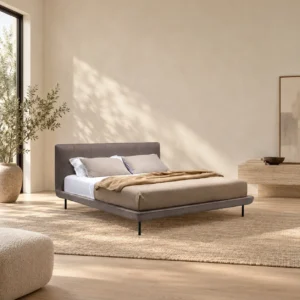 Sora Compact Bed with Soft Headboard in slate — front view