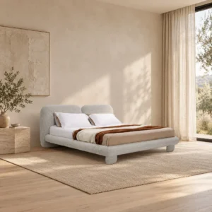 Taoyao Double-Headboard Bouclé Bed in slate — front view