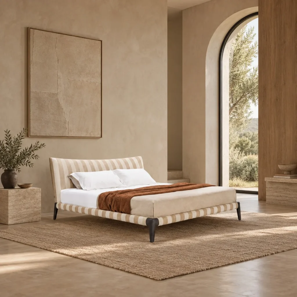 Vela Striped Bed with Curved Headboard in oatmeal — front view