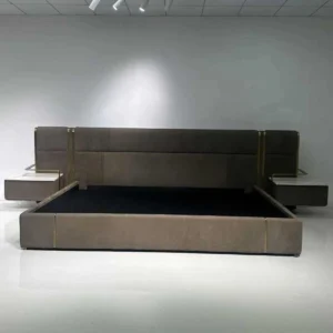 Khaki Suede Bed with Brass Trim and Floating Nightstands in clay — front view