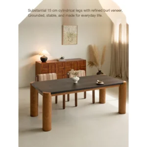 Bedrock Dining Table with Dark Top and Burl Cylinder Legs in black — front view
