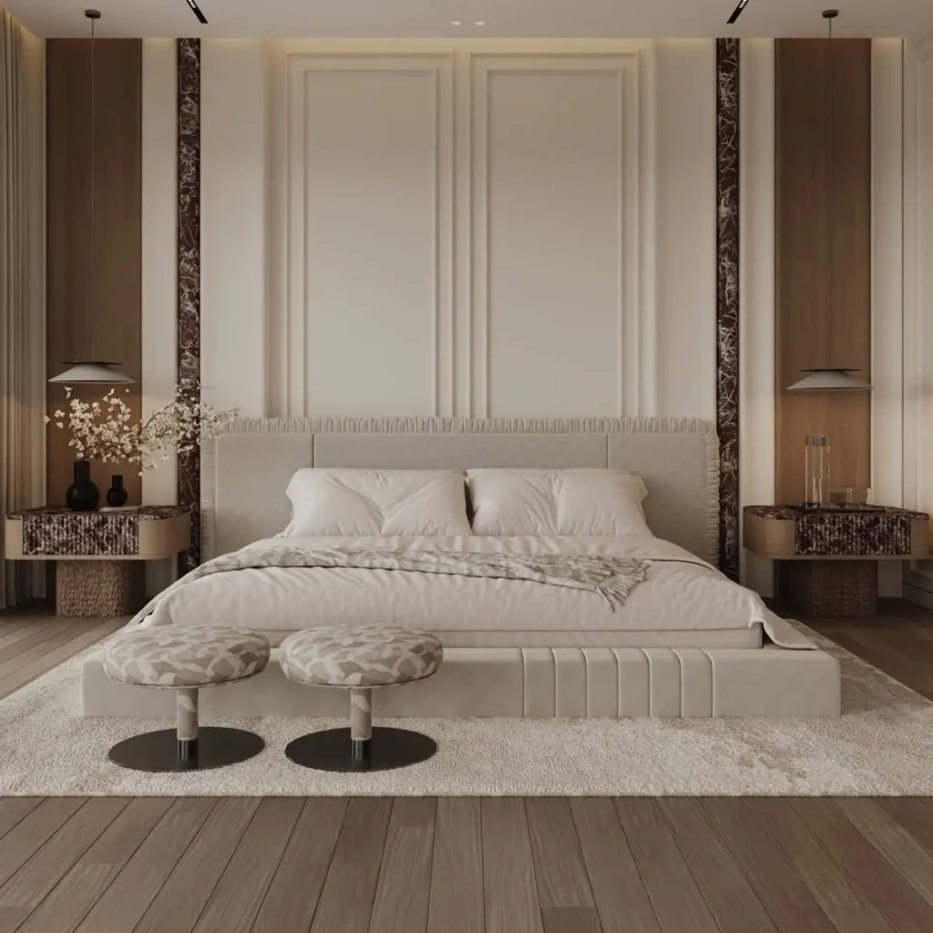 Cream Channel-Quilted Bedroom Set with Nightstands and Stools — front view