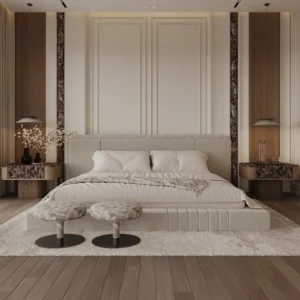 Cream Channel-Quilted Bedroom Set with Nightstands and Stools — front view