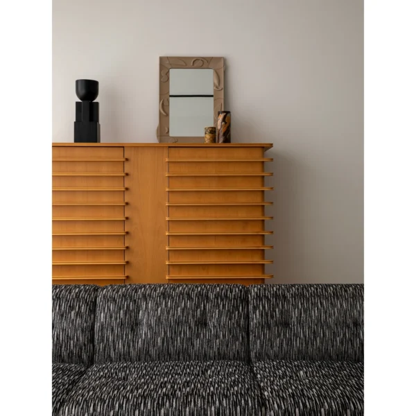 Beethoven Louvred Curved-Front Tall Cabinet in natural oak — in a room setting