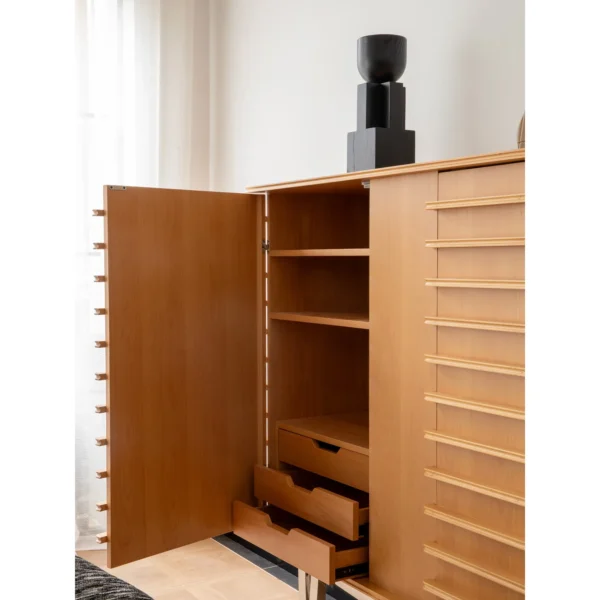 Beethoven Louvred Curved-Front Tall Cabinet in natural oak — in a room setting
