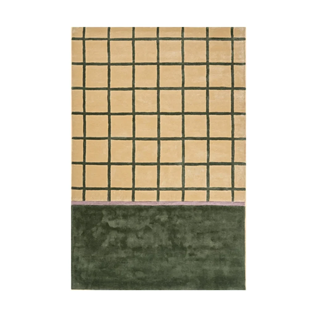Beige Grid Rug with Green Colour Block in sand — front view