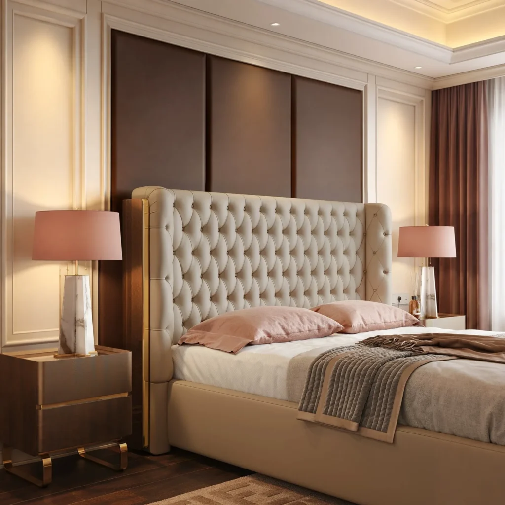 Bella Diamond-Tufted Leather Bed with Steel Trim in oatmeal — front view