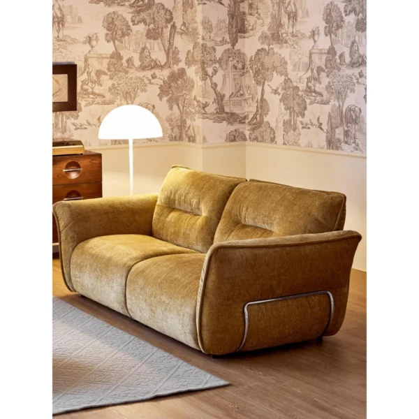Bennett Ginger Velvet Loveseat in mustard — in a room setting