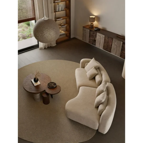 Bessel Couture Curved Sofa in Apricot Textured Fabric — in a room setting