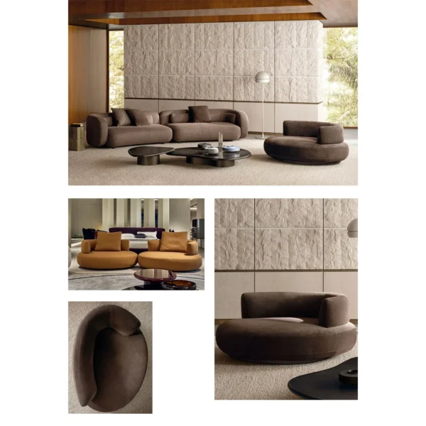 Fan-Curve Modular Sofa in Caramel Bouclé with Fan Modules — in a room setting