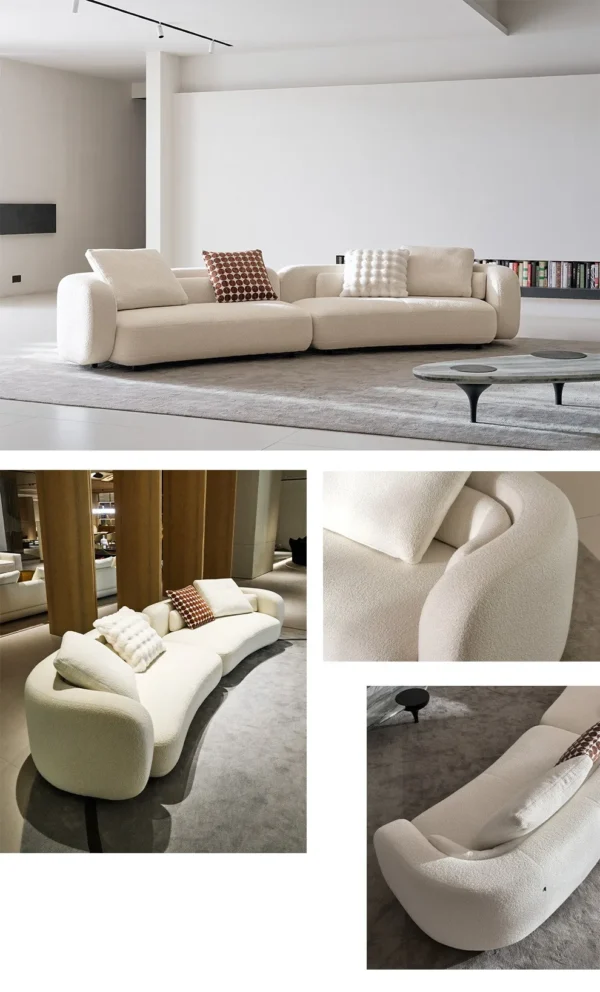Fan-Curve Modular Sofa in Caramel Bouclé with Fan Modules — in a room setting