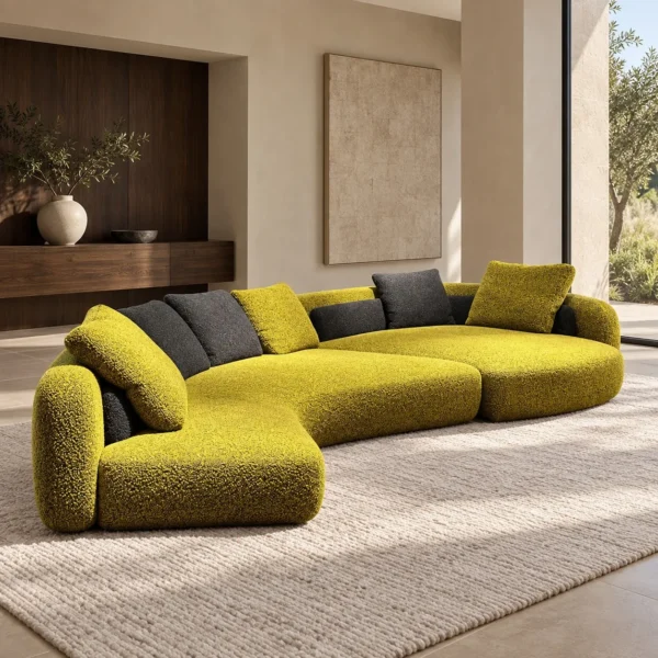Bessel Curved Sectional Sofa in olive — in a room setting